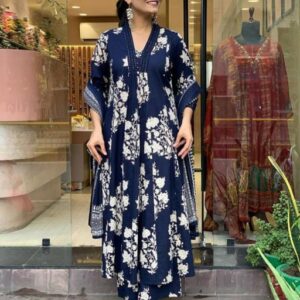 Navy Blue Floral Anarkali Kurta Set