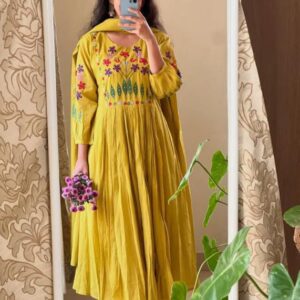 Mustard Anarkali with Floral Embroidery