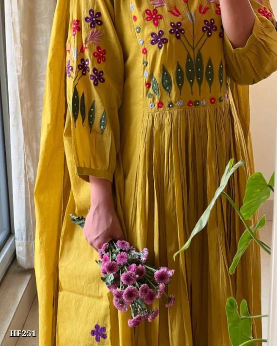 Mustard Anarkali with Floral Embroidery - Image 2